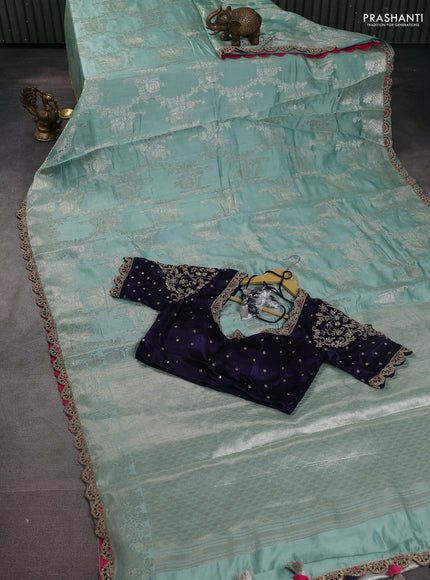 Teal Shade-Navy Blue Chiniya silk Saree with silver zari weaves & Embroidery Readymade Blouse