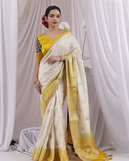 Cream-Yellow Chiniya silk Saree With silver Zari Buttas & Embroidery Readymade Blouse