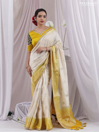 Cream-Yellow Chiniya silk Saree With silver Zari Buttas & Embroidery Readymade Blouse