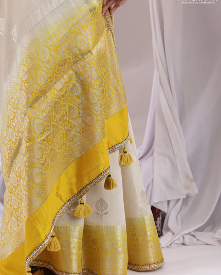 Cream-Yellow Chiniya silk Saree With silver Zari Buttas & Embroidery Readymade Blouse