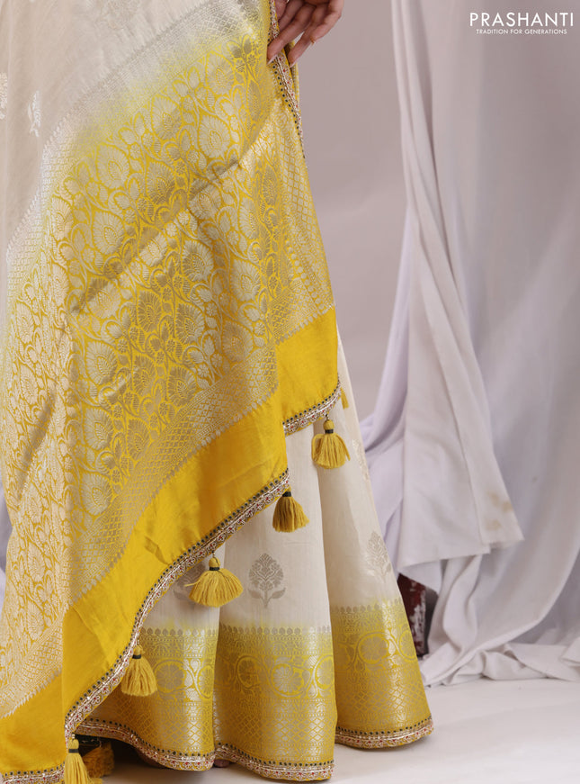 Cream-Yellow Chiniya silk Saree With silver Zari Buttas & Embroidery Readymade Blouse