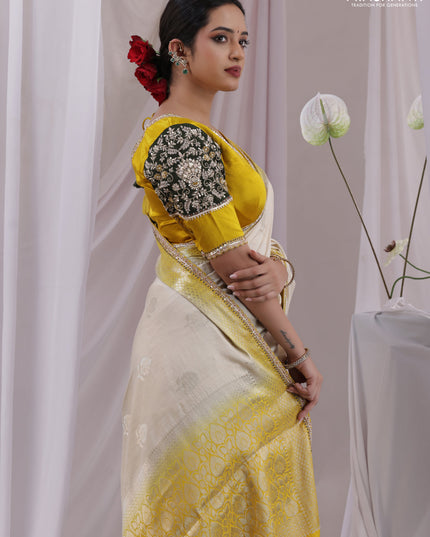 Cream-Yellow Chiniya silk Saree With silver Zari Buttas & Embroidery Readymade Blouse