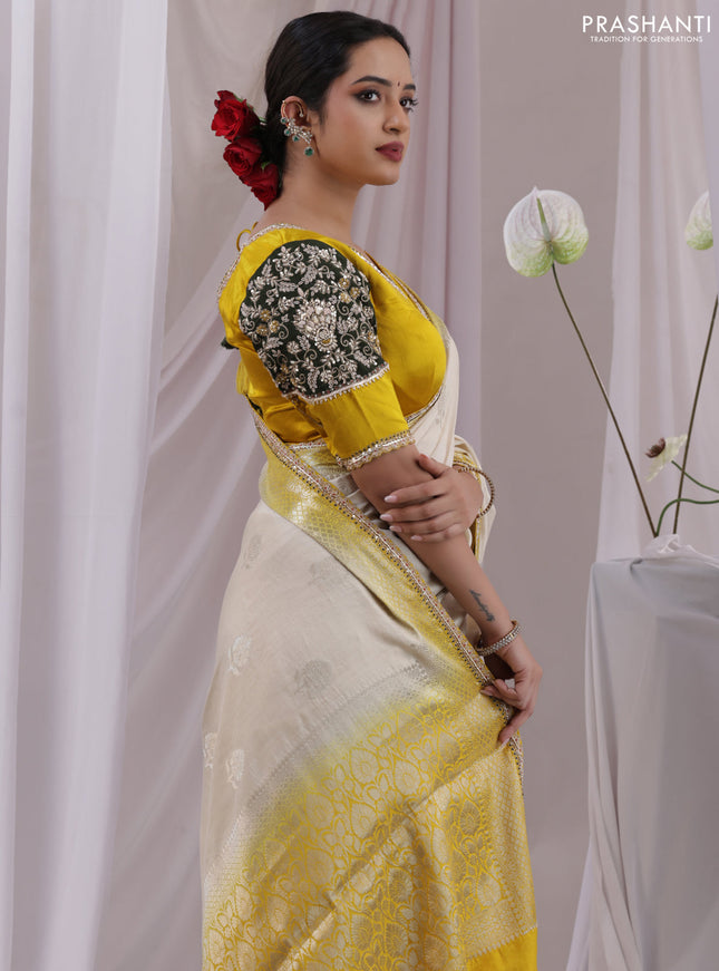 Cream-Yellow Chiniya silk Saree With silver Zari Buttas & Embroidery Readymade Blouse