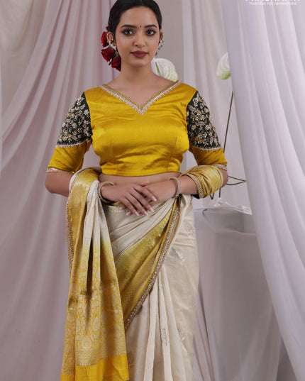 Cream-Yellow Chiniya silk Saree With silver Zari Buttas & Embroidery Readymade Blouse
