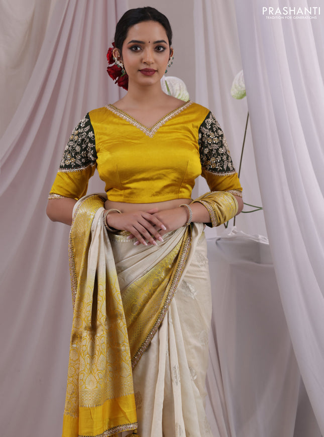 Cream-Yellow Chiniya silk Saree With silver Zari Buttas & Embroidery Readymade Blouse