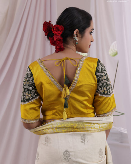 Cream-Yellow Chiniya silk Saree With silver Zari Buttas & Embroidery Readymade Blouse