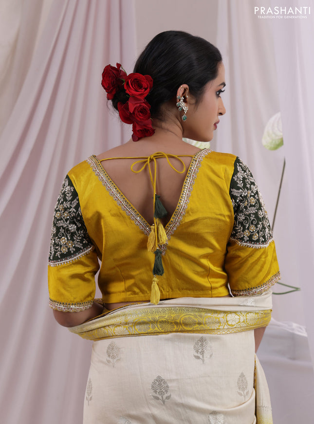 Cream-Yellow Chiniya silk Saree With silver Zari Buttas & Embroidery Readymade Blouse