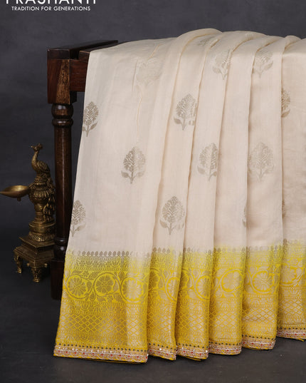 Cream-Yellow Chiniya silk Saree With silver Zari Buttas & Embroidery Readymade Blouse
