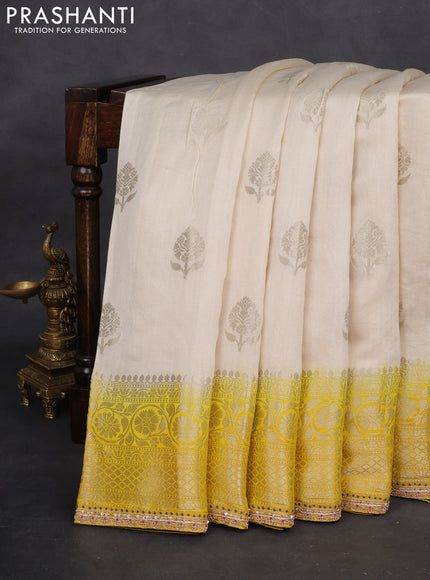 Cream-Yellow Chiniya silk Saree With silver Zari Buttas & Embroidery Readymade Blouse
