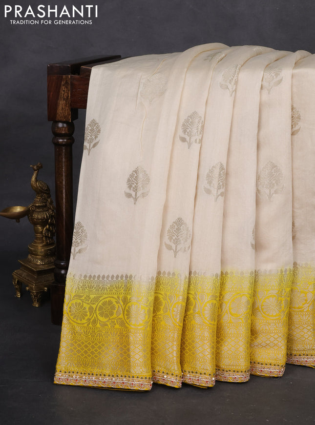 Cream-Yellow Chiniya silk Saree With silver Zari Buttas & Embroidery Readymade Blouse