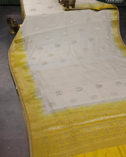 Cream-Yellow Chiniya silk Saree With silver Zari Buttas & Embroidery Readymade Blouse