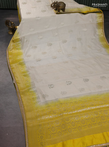 Cream-Yellow Chiniya silk Saree With silver Zari Buttas & Embroidery Readymade Blouse
