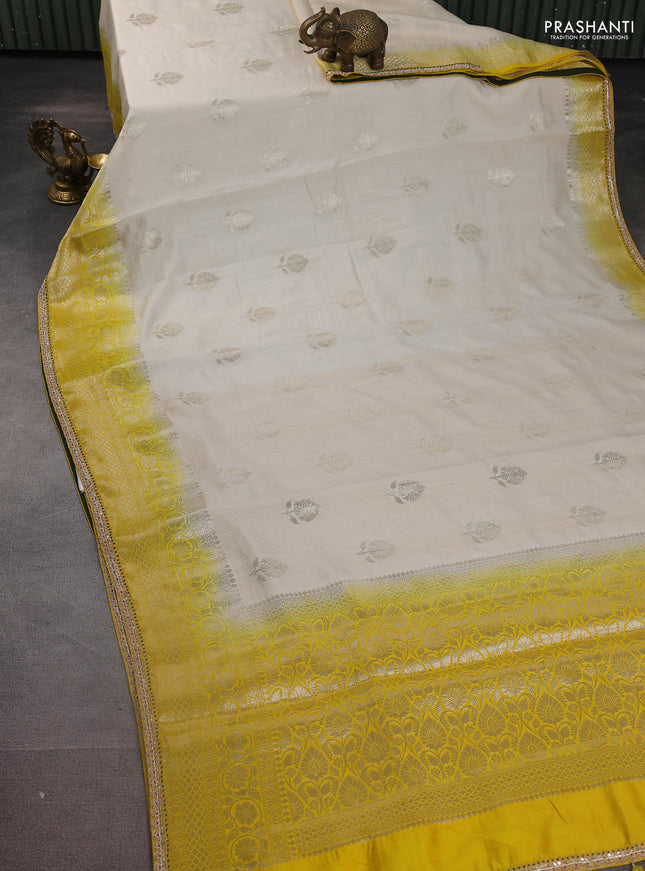 Cream-Yellow Chiniya silk Saree With silver Zari Buttas & Embroidery Readymade Blouse