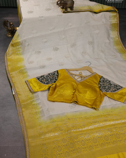 Cream-Yellow Chiniya silk Saree With silver Zari Buttas & Embroidery Readymade Blouse
