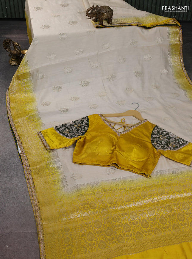 Cream-Yellow Chiniya silk Saree With silver Zari Buttas & Embroidery Readymade Blouse
