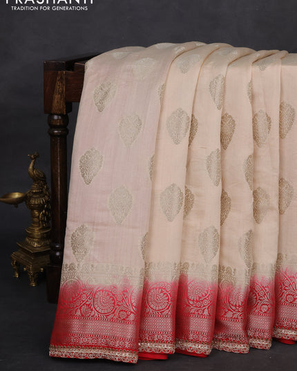 Cream-Red Chiniya silk Saree With silver Zari Buttas & Embroidery Readymade Blouse