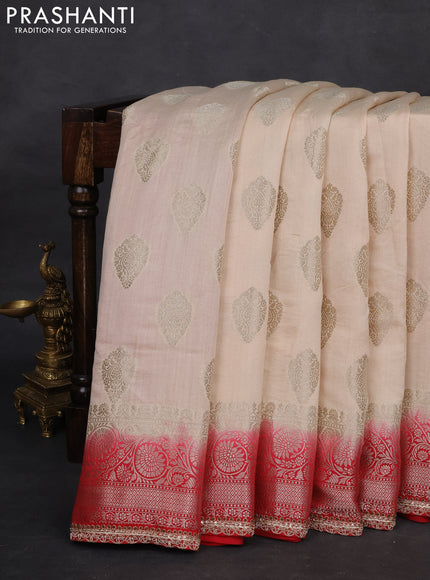 Cream-Red Chiniya silk Saree With silver Zari Buttas & Embroidery Readymade Blouse