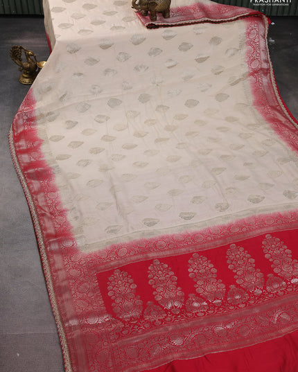 Cream-Red Chiniya silk Saree With silver Zari Buttas & Embroidery Readymade Blouse