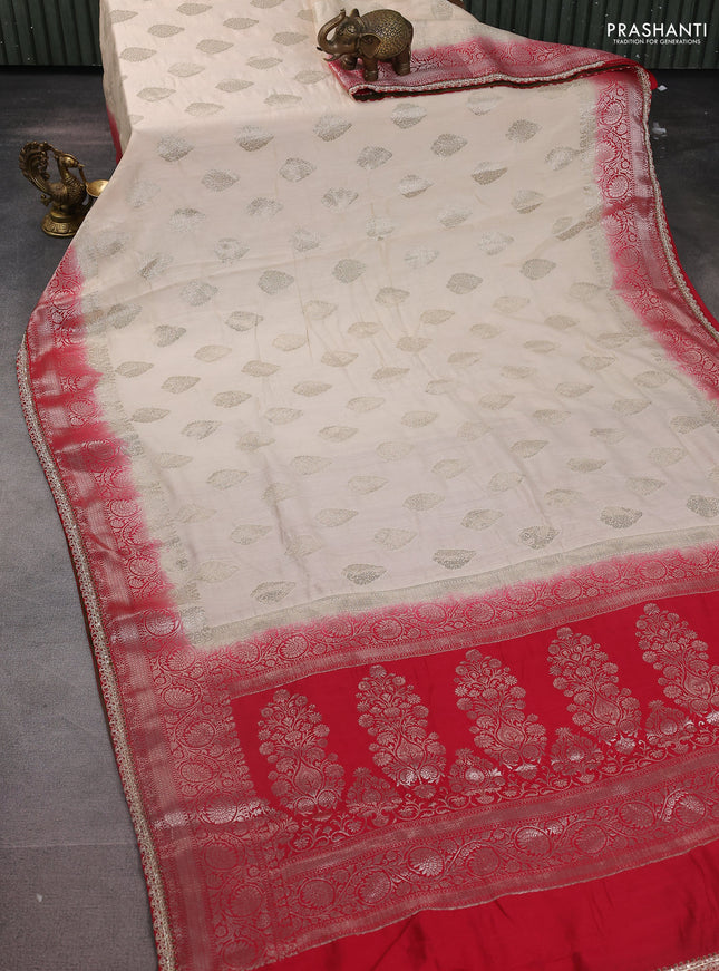 Cream-Red Chiniya silk Saree With silver Zari Buttas & Embroidery Readymade Blouse