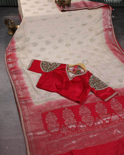 Cream-Red Chiniya silk Saree With silver Zari Buttas & Embroidery Readymade Blouse