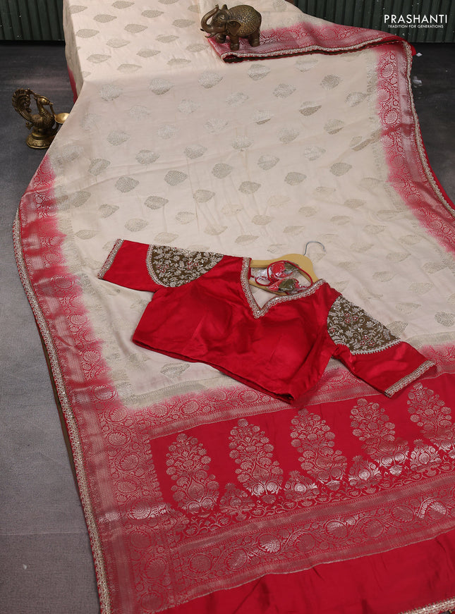 Cream-Red Chiniya silk Saree With silver Zari Buttas & Embroidery Readymade Blouse