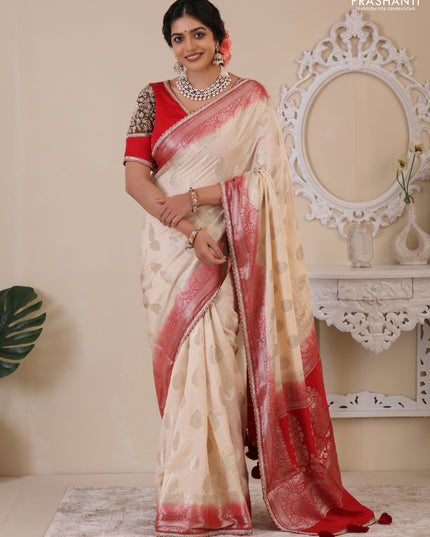 Cream-Red Chiniya silk Saree With silver Zari Buttas & Embroidery Readymade Blouse