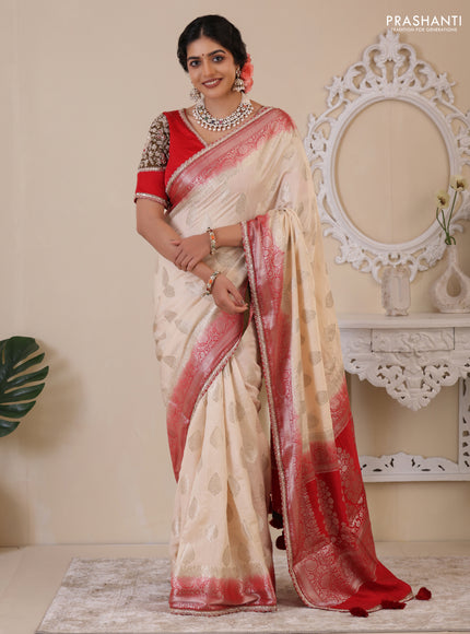 Cream-Red Chiniya silk Saree With silver Zari Buttas & Embroidery Readymade Blouse