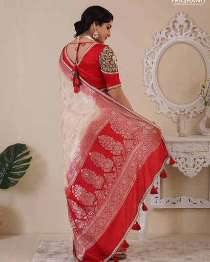 Cream-Red Chiniya silk Saree With silver Zari Buttas & Embroidery Readymade Blouse