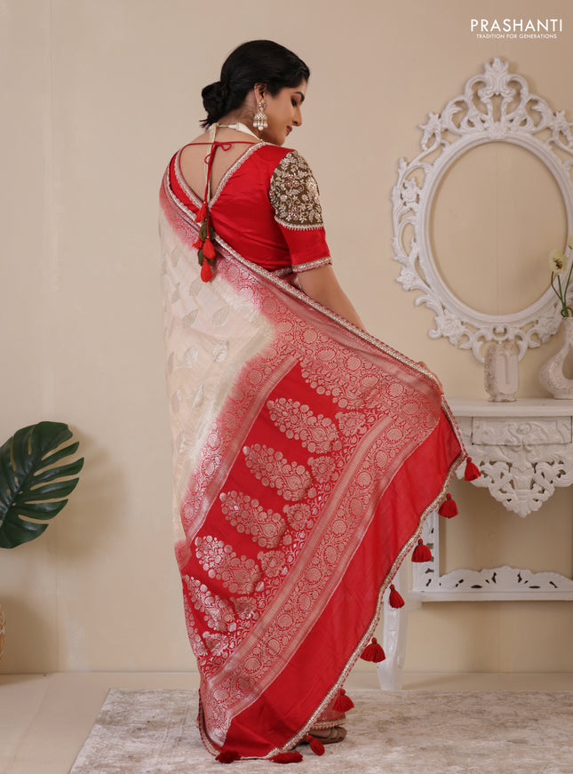Cream-Red Chiniya silk Saree With silver Zari Buttas & Embroidery Readymade Blouse