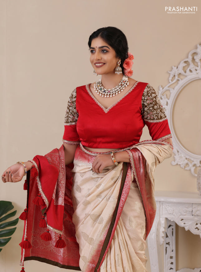 Cream-Red Chiniya silk Saree With silver Zari Buttas & Embroidery Readymade Blouse