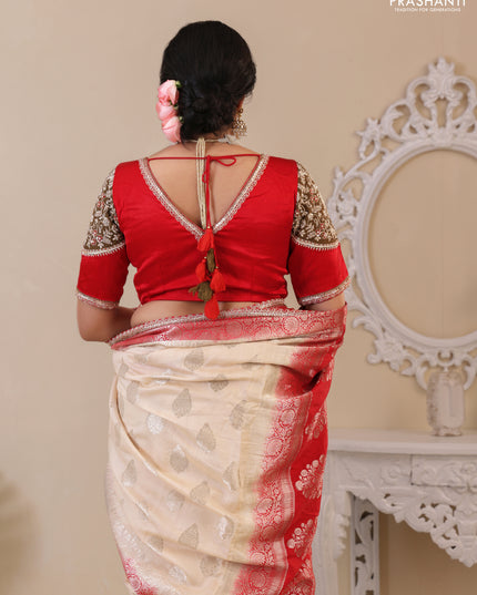 Cream-Red Chiniya silk Saree With silver Zari Buttas & Embroidery Readymade Blouse