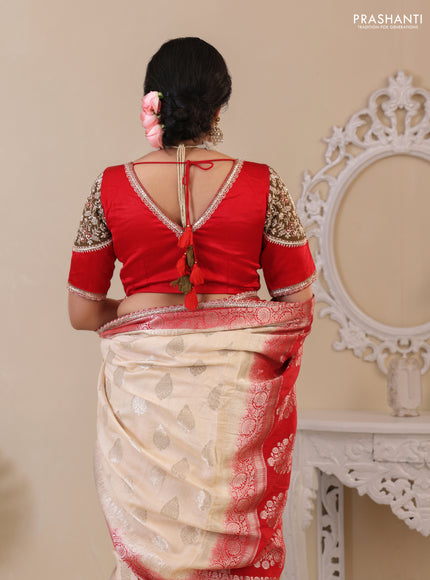 Cream-Red Chiniya silk Saree With silver Zari Buttas & Embroidery Readymade Blouse