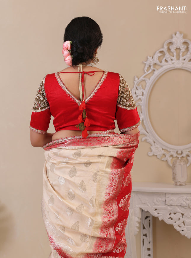 Cream-Red Chiniya silk Saree With silver Zari Buttas & Embroidery Readymade Blouse
