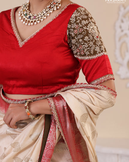 Cream-Red Chiniya silk Saree With silver Zari Buttas & Embroidery Readymade Blouse