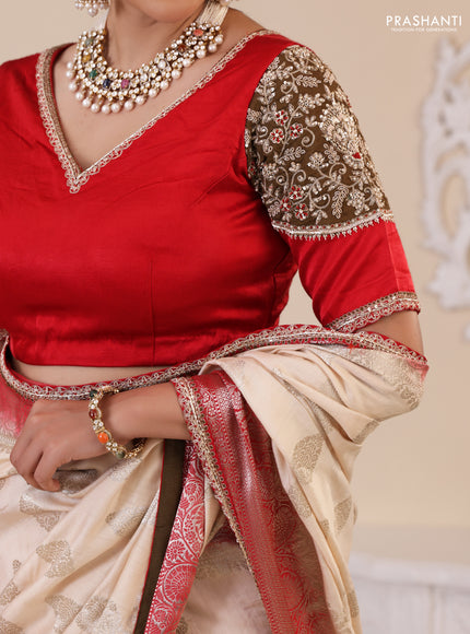 Cream-Red Chiniya silk Saree With silver Zari Buttas & Embroidery Readymade Blouse