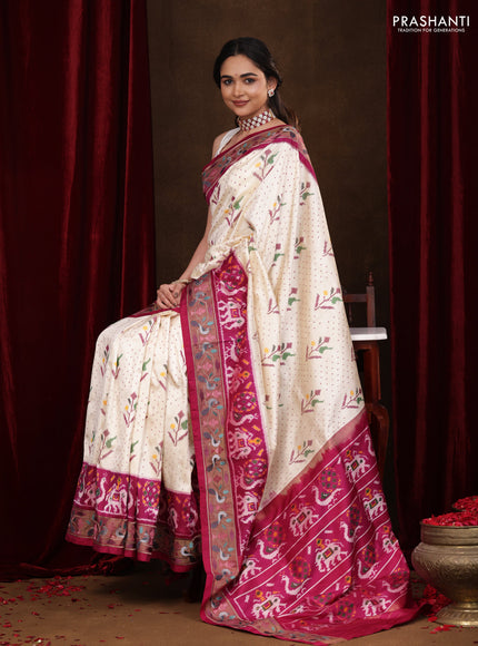 Off white-Magenta PInk Pochampally Silk Saree With Broder Embroidery