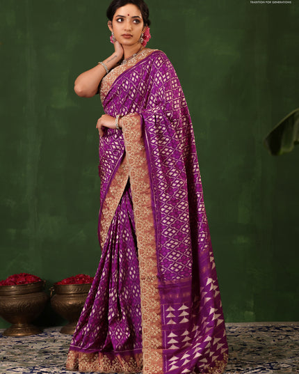 Purple Pochampally Silk Saree With Border Embroidery