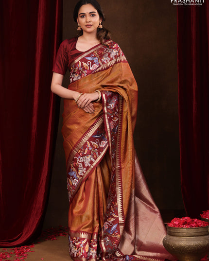 Dark mustard -Maroon Pure kanchipuram silk saree with Border Embroidery