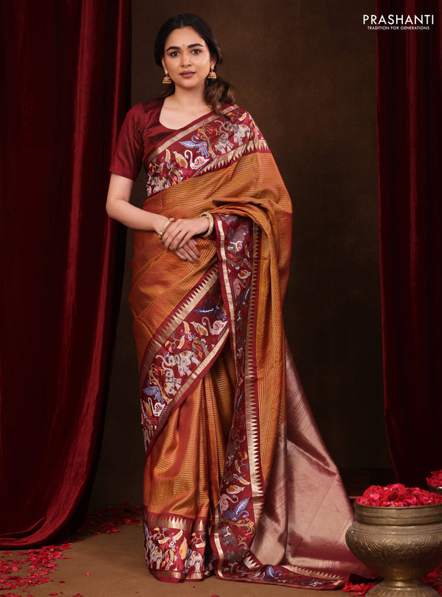 Dark mustard -Maroon Pure kanchipuram silk saree with Border Embroidery