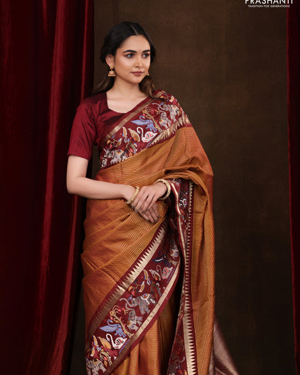 Dark mustard -Maroon Pure kanchipuram silk saree with Border Embroidery