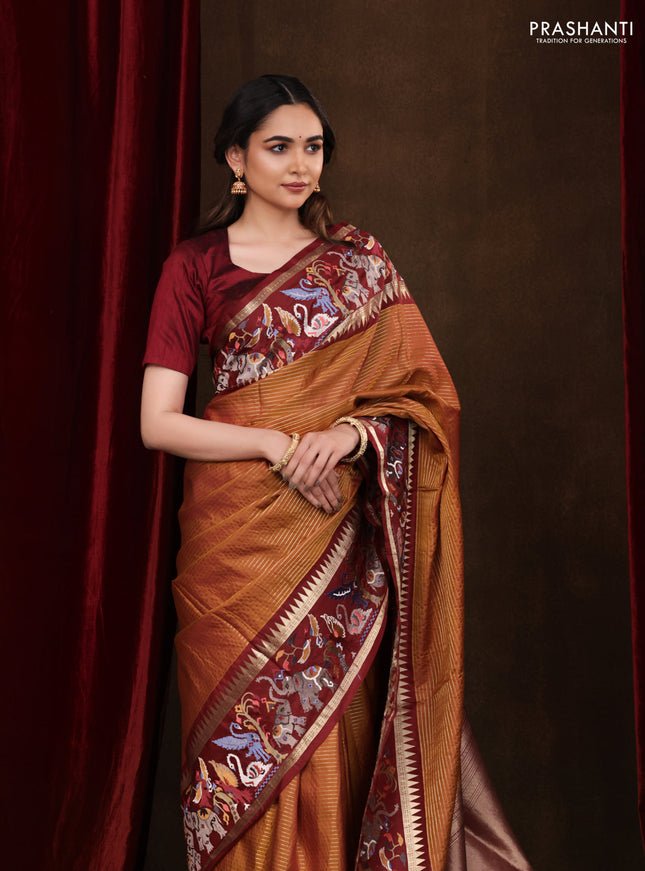 Dark mustard -Maroon Pure kanchipuram silk saree with Border Embroidery