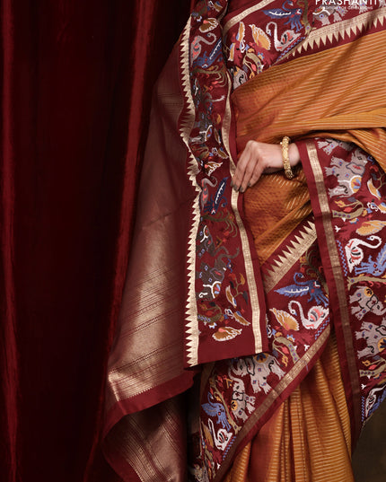 Dark mustard -Maroon Pure kanchipuram silk saree with Border Embroidery