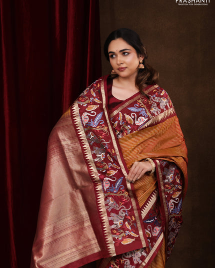 Dark mustard -Maroon Pure kanchipuram silk saree with Border Embroidery