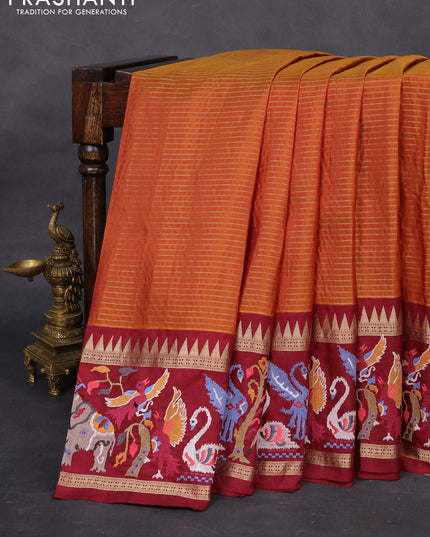 Dark mustard -Maroon Pure kanchipuram silk saree with Border Embroidery