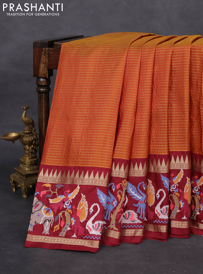 Dark mustard -Maroon Pure kanchipuram silk saree with Border Embroidery