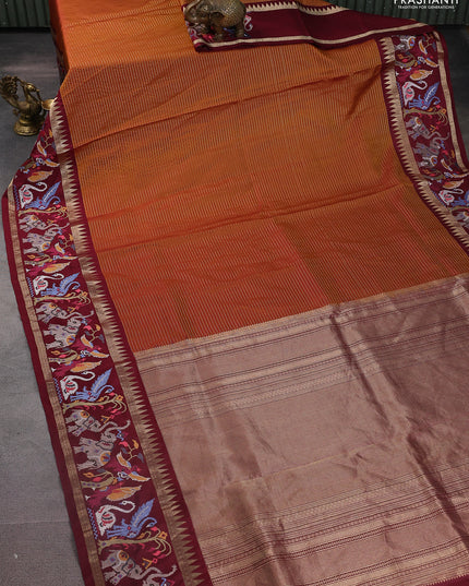 Dark mustard -Maroon Pure kanchipuram silk saree with Border Embroidery
