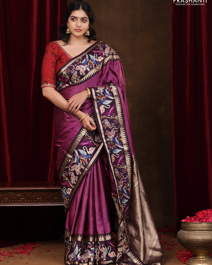 Magenta pink -Deep wine Pure kanchipuram silk saree with Border Embroidery