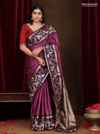 Magenta pink -Deep wine Pure kanchipuram silk saree with Border Embroidery