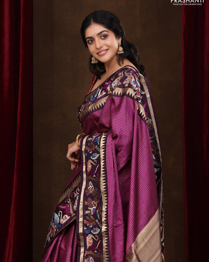 Magenta pink -Deep wine Pure kanchipuram silk saree with Border Embroidery