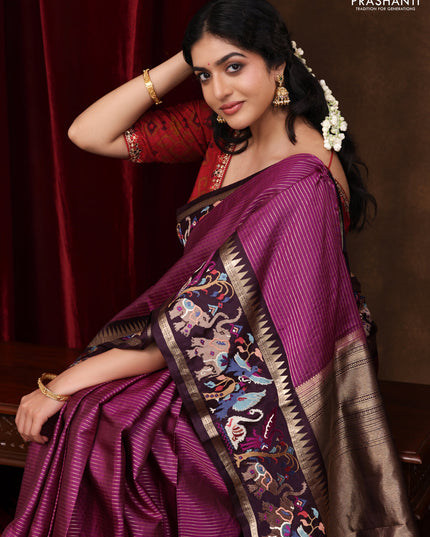 Magenta pink -Deep wine Pure kanchipuram silk saree with Border Embroidery
